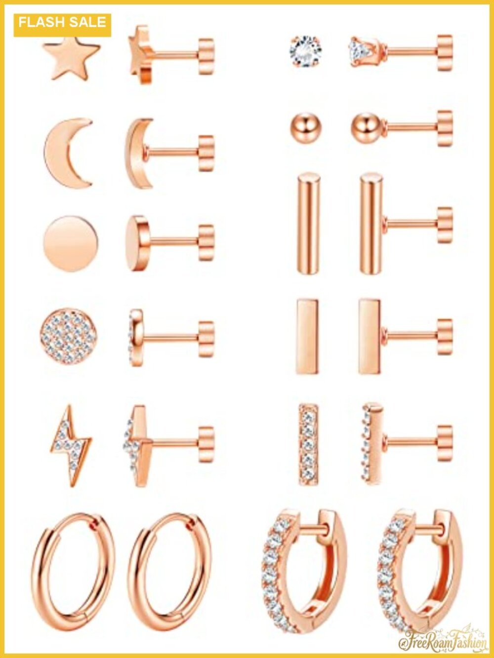 12 Pairs Hypoallergenic Flat Back Stud Earrings Set 14k Gold Plated Stainless